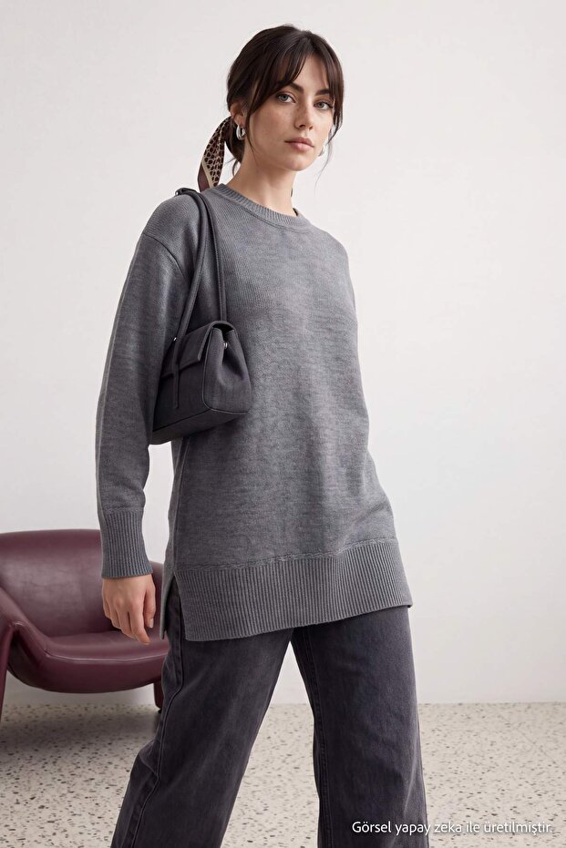 Anthracite Hair Braid Detailed Crew Neck Knitwear Sweater Tctaw26Ak00003