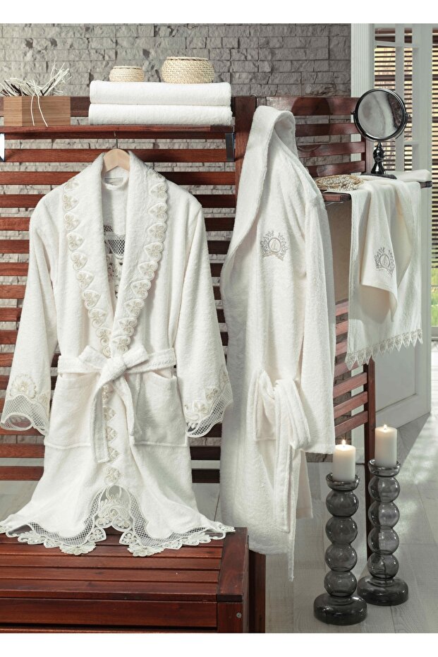 Cream Love Guipure Lace Bamboo Bathrobe Set - 6 Pieces