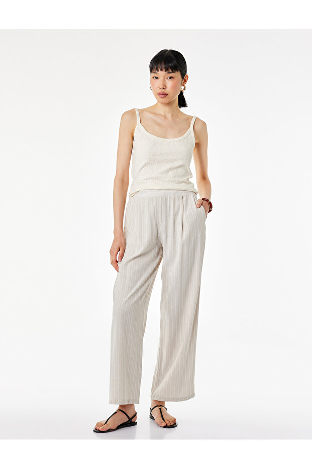 Viscose Blended Pocketed Pleated Detailed Straight Wide Leg Striped Fabric Trousers