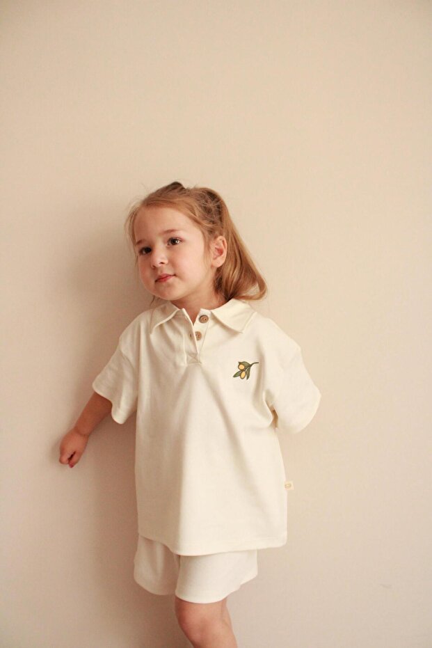 Olive Embroidered Polo Neck Shorts Set