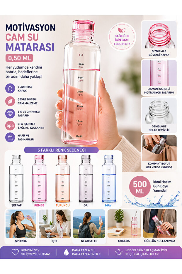 Motivational Glass Water Bottle 0.50 ml