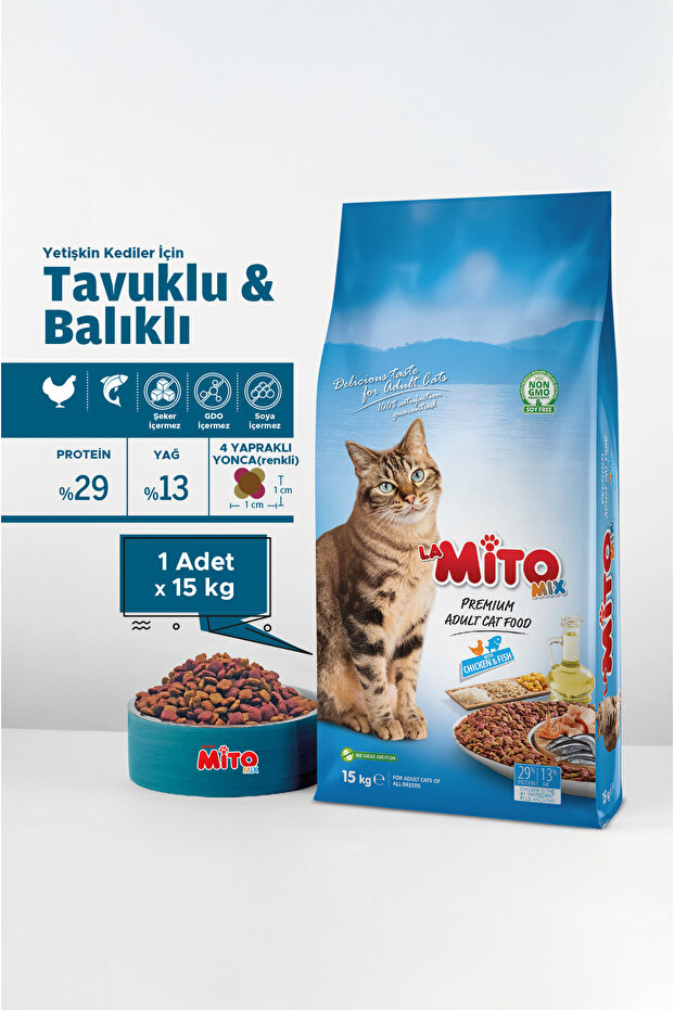 Mito La Mix Adult Cat 15 Kg Tavuklu Ve Balıklı Renkli Taneli Yetişkin Kedi Maması