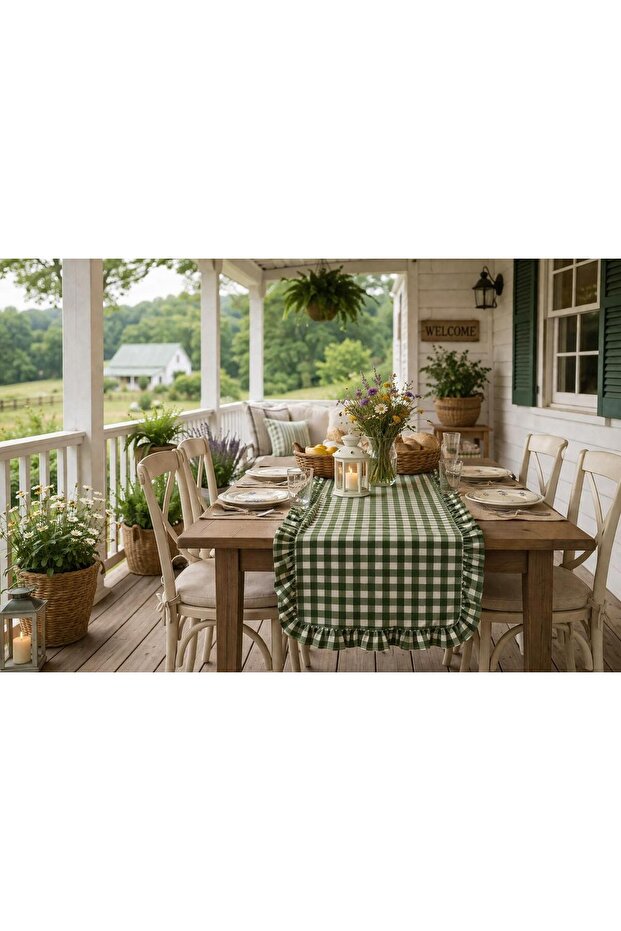 Runner Checkered Green Ruffled Vintage Duck Linen 40X130Cm