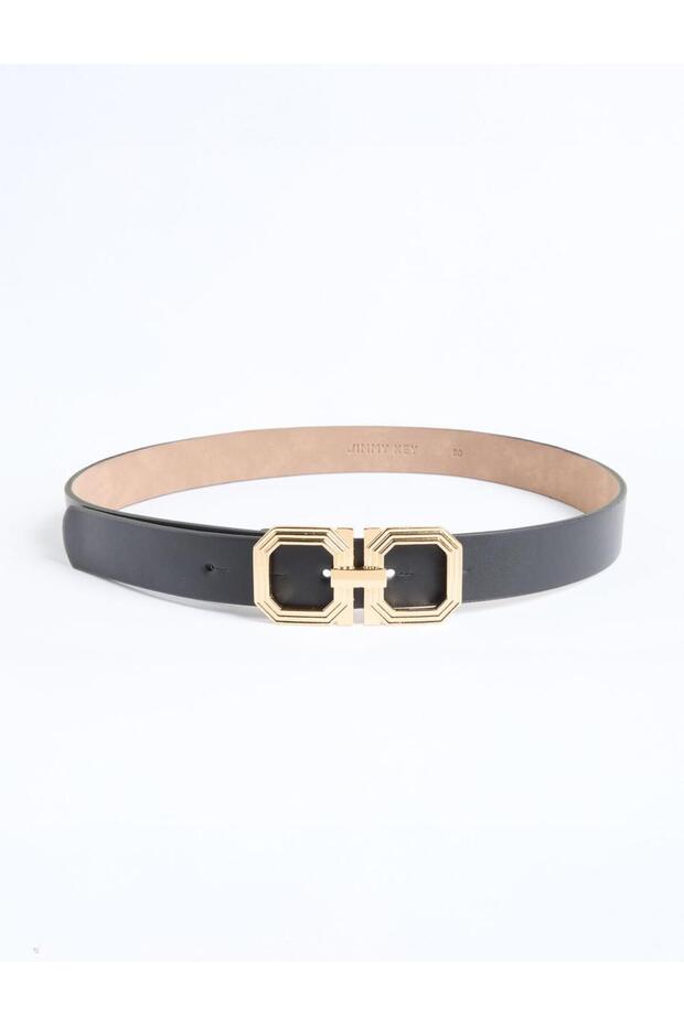 Black Leather Look Double Oval Buckle Belt