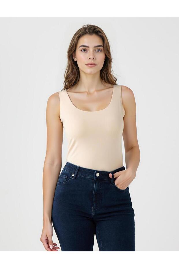 Skin color slim fit knitted u neck tank top
