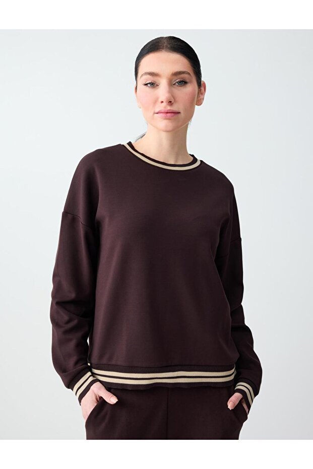 Acı Kahve Crew Neck Long Sleeve Knitted Blouse with Stripe Detail