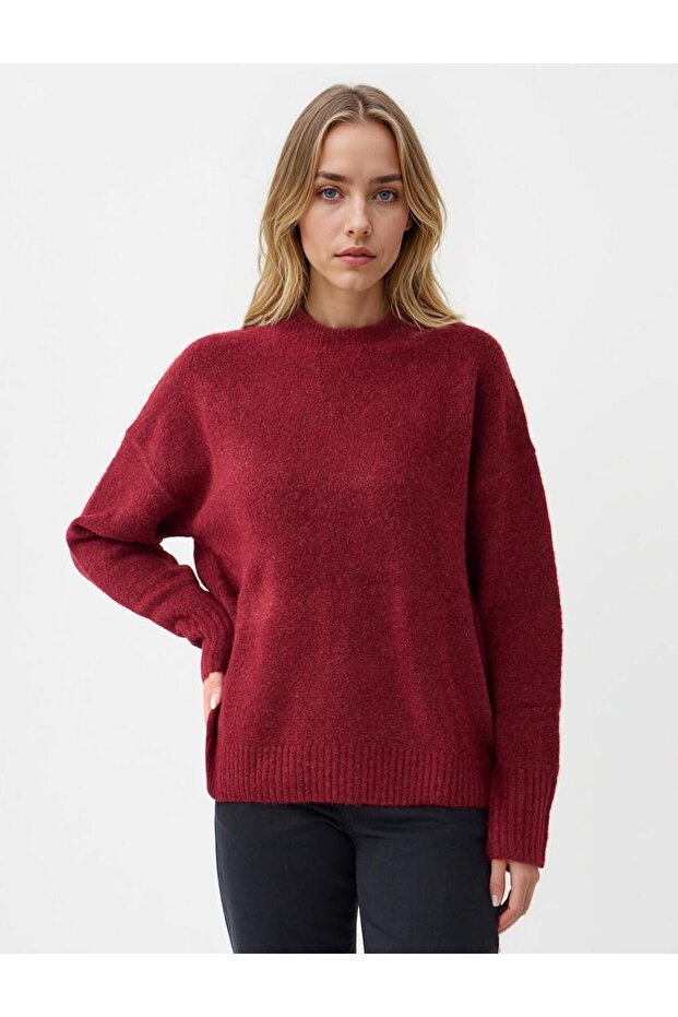 Burgundy Long Sleeve Crew Neck Wool Blend Knitwear Sweater