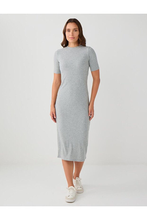Gray Melange Crew Neck Short Sleeve Knitted Midi Dress