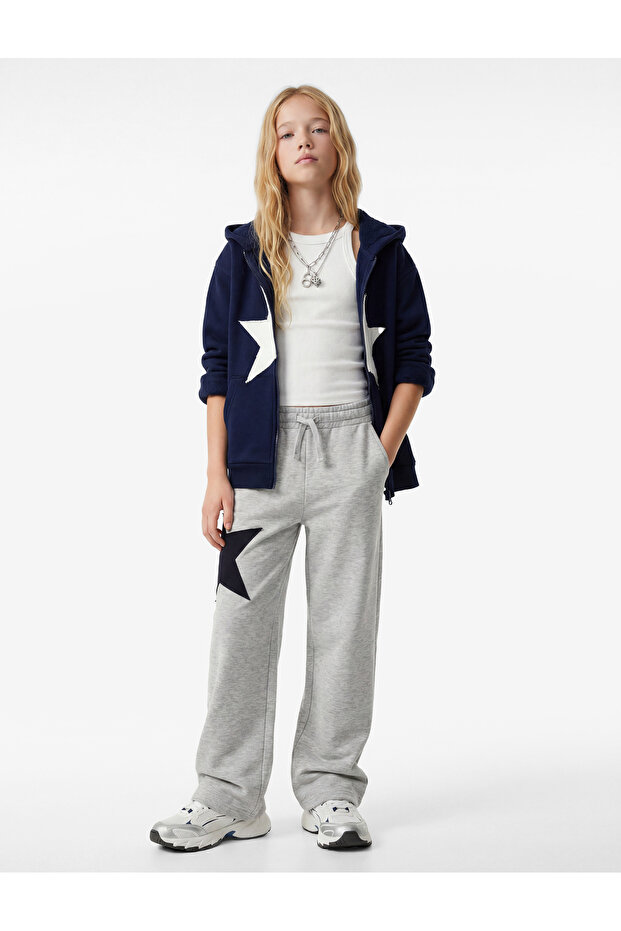 Star Embroidered Wide-Leg Sweatpants with Pockets and Tie-Waist