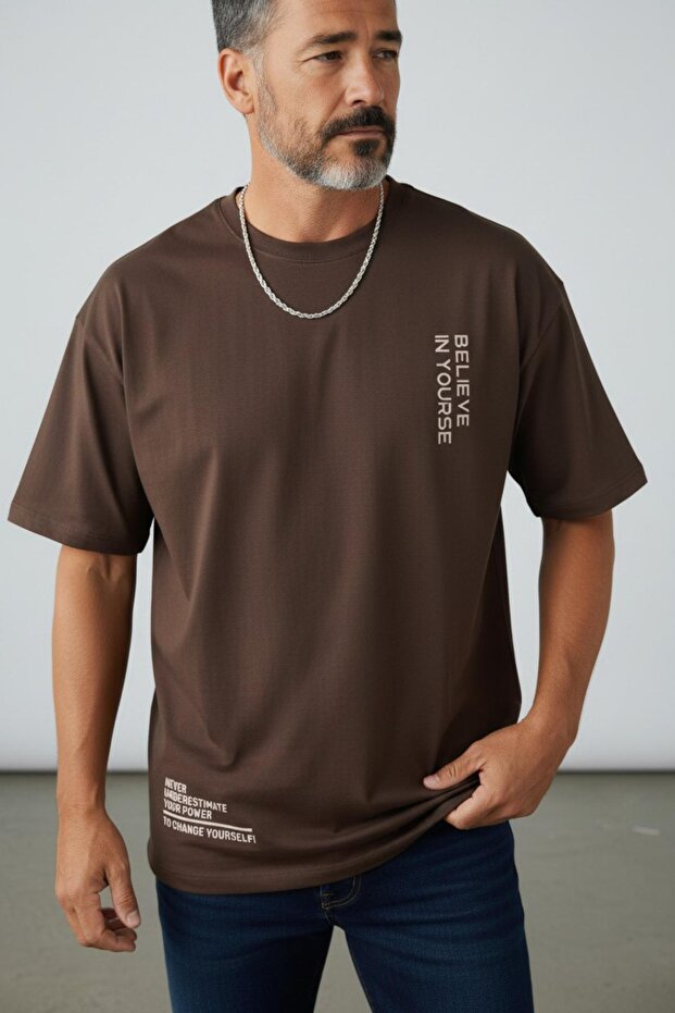 Men's Brown Believe Printed Oversize T-shirt