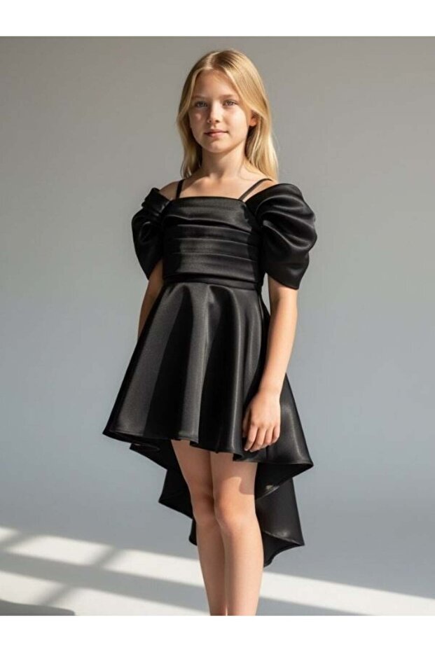 Girl's Shoulder Detail Satin Short Front Long Back Evening Dress