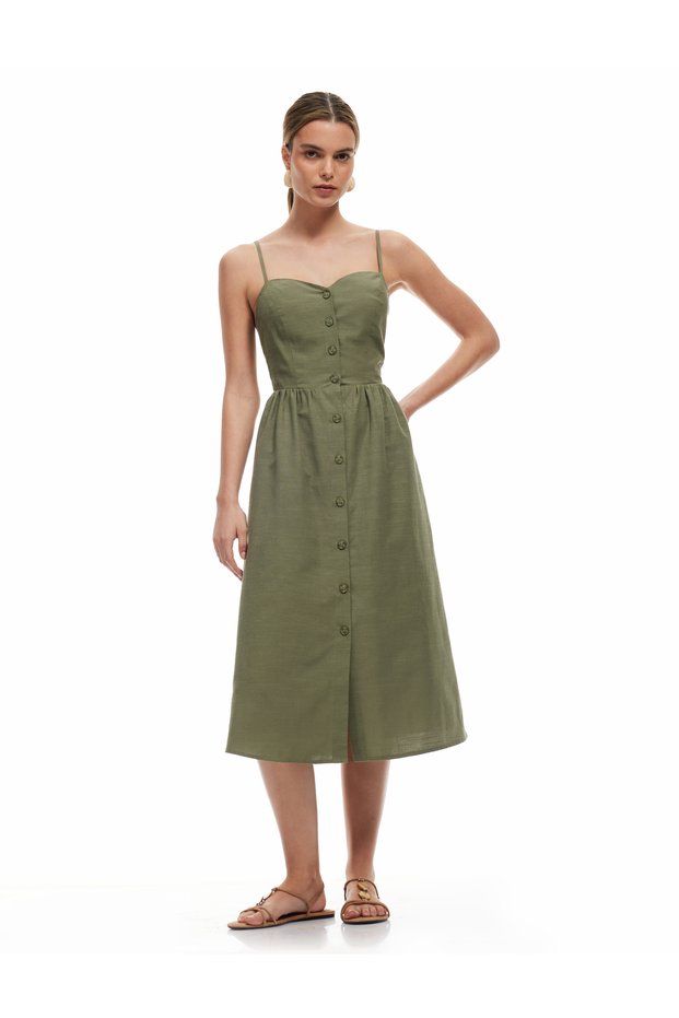 Buttoned Thin Strap Midi Dress with Gipe Detail on the Back