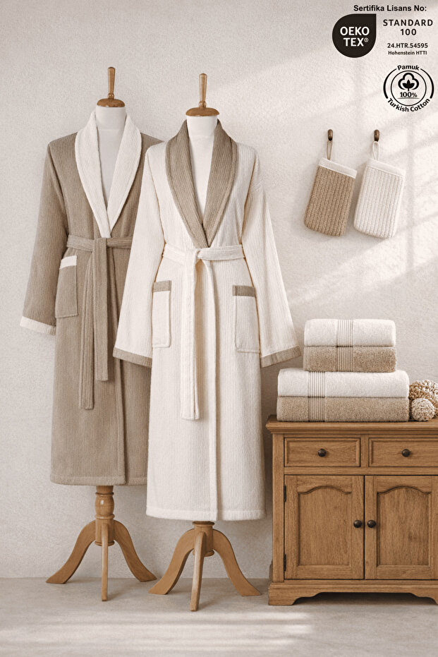 Eldy 8 Piece Striped Bathrobe Set 100% Cotton Certified, Contrast, Family Bathrobe Set | Dowry Set