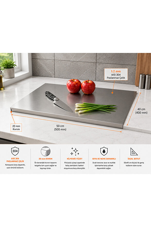 Stellica Stainless Steel 50 cm x 40 cm Single-Bend Metal Countertop Protector Multi-Purpose Cutting Board