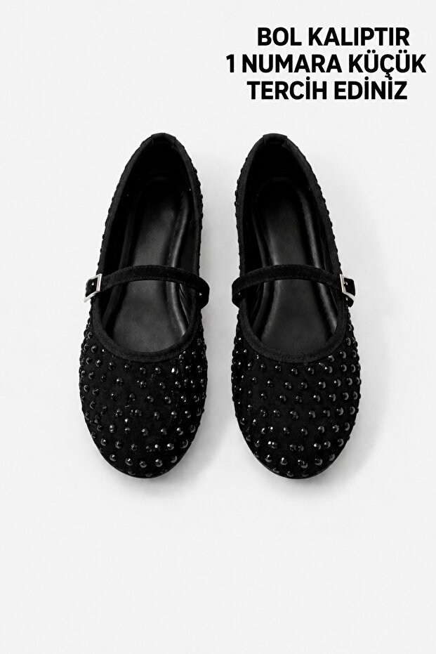 Nova Stone-Studded Hidden Elastic Buckle Detail Women's Chic Daily Black Ballet Flats