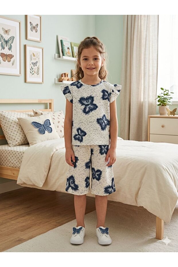 Girls' Cotton Summer Thin Fabric White Butterfly Pattern Short Sleeve Shorts Summer Pajamas Set