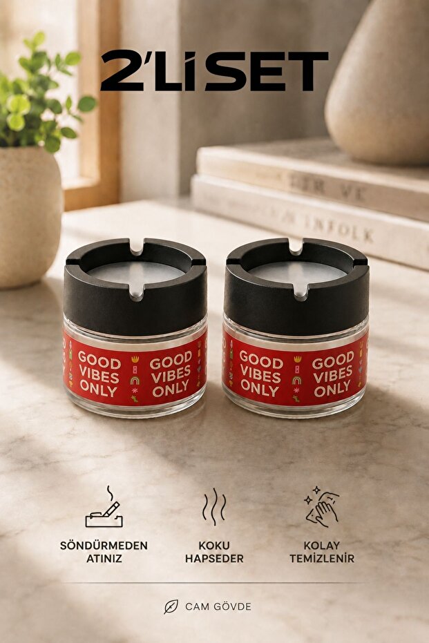 Good Vibes 2 Pieces Glass Odorless Ashtray | Decorative Home Office | In-Car Ashtray | Red | 300 Cc
