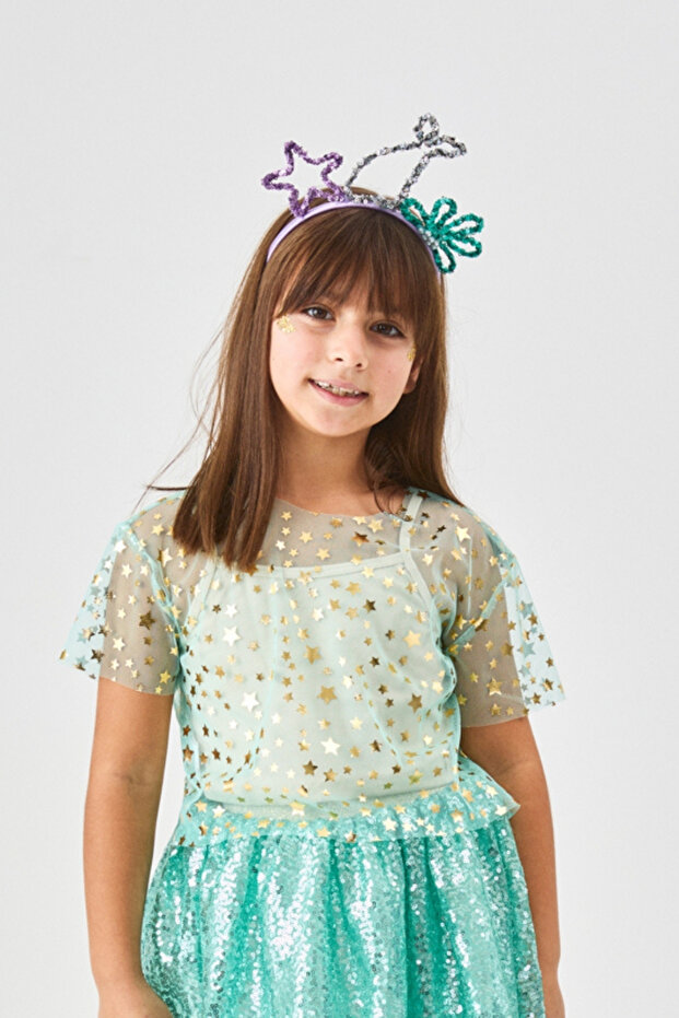 Mint Star Printed Short Sleeve Girls' Tulle Crop