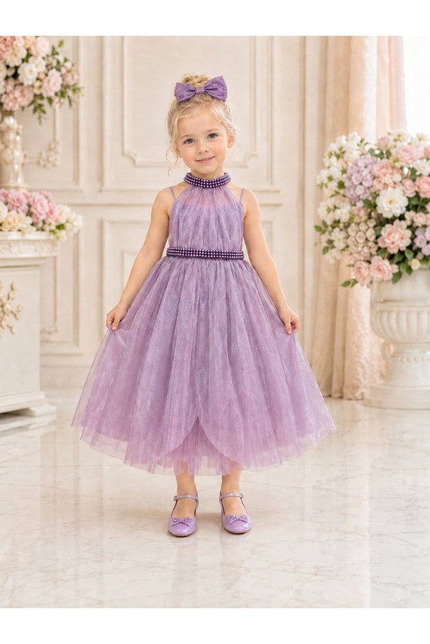 263 Girls' Tulle Evening Dress with Pearl Detail