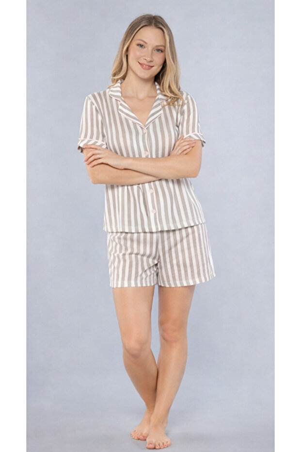 Striped Full-Length Buttoned Shorts Set 760-02