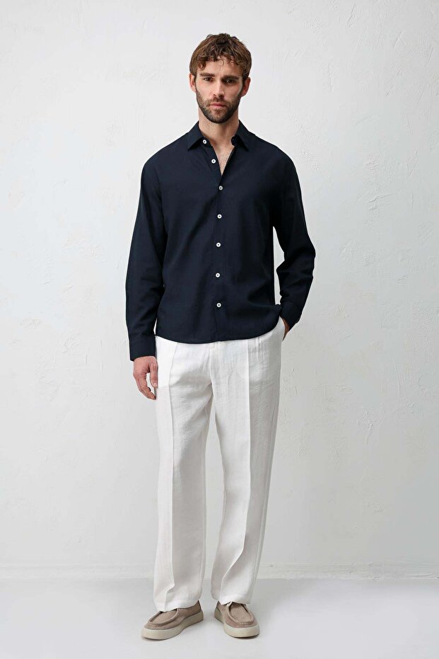 Navy Blue Linen Blended Relax Fit Men's Shirt
