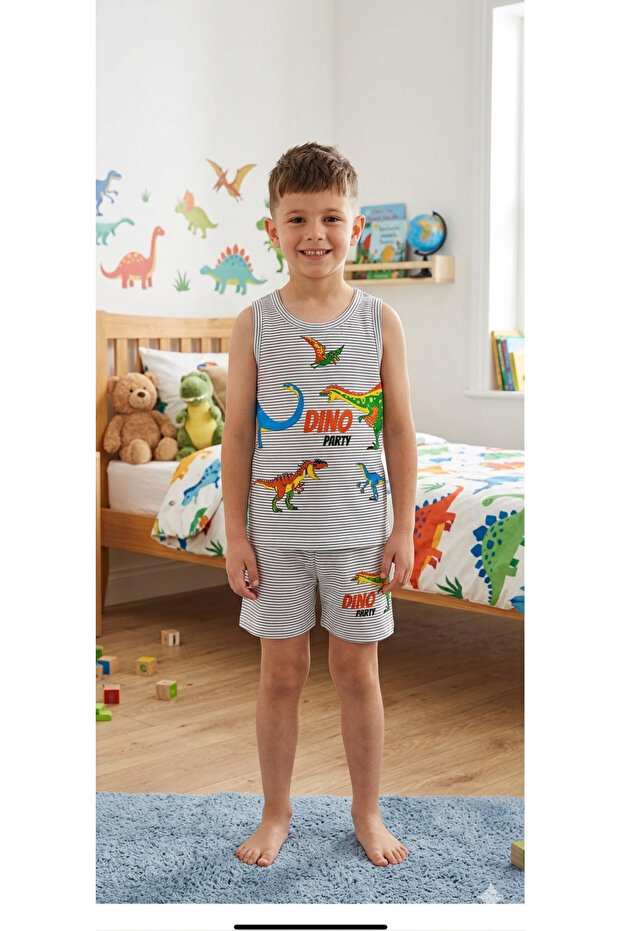 Boys' Cotton White Striped Dinosaur Patterned Undershirt Boxer Set