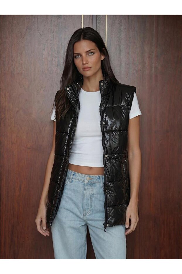 Black Shiny Polyester Inflatable Lined Long Vest with Zipper and Button Closure
