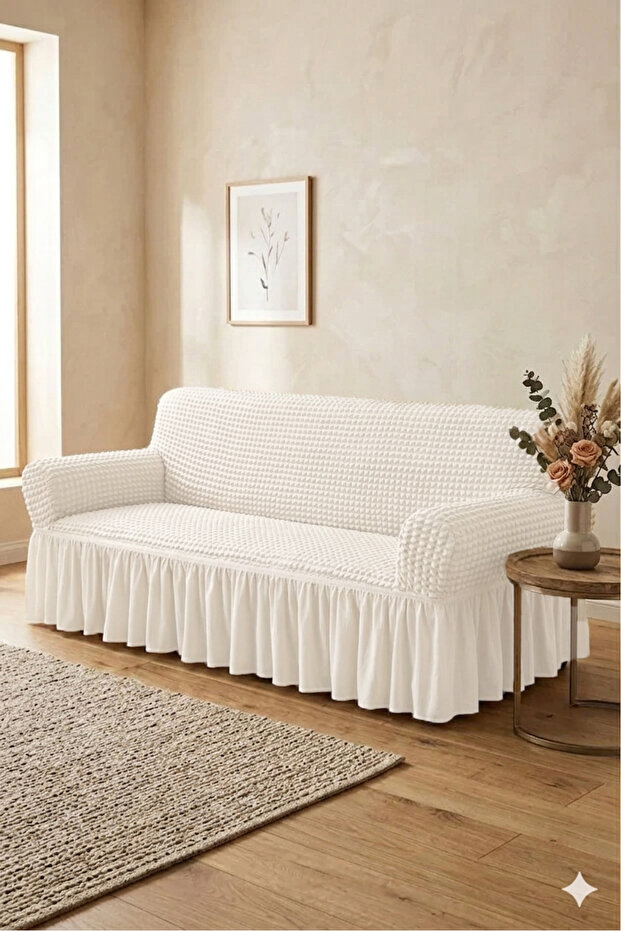 Elastic 3-Seater Sofa Cover Non-Slip Flexible and Washable Sofa Cover - Light Cream