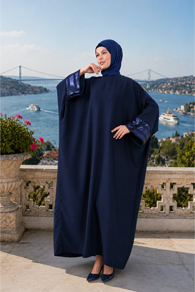 Ferace Abaya with Sequin Stripe Detailing on the Sleeves, Sizes 40-56.