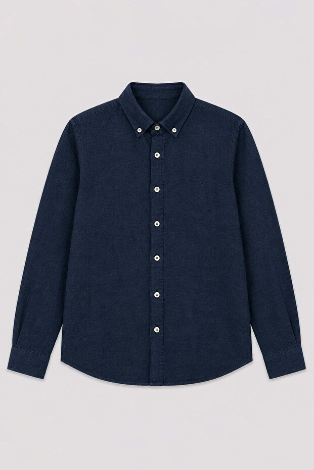Navy Blue Linen Mixed Relaxed Fit Men's Shirt