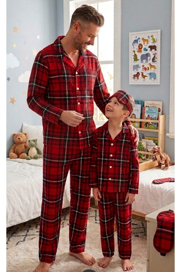 Cotton Suede Fabric Red Plaid Patterned Sleepband Shirt Collar Buttoned Pajama Set Suitable for Boy and Father