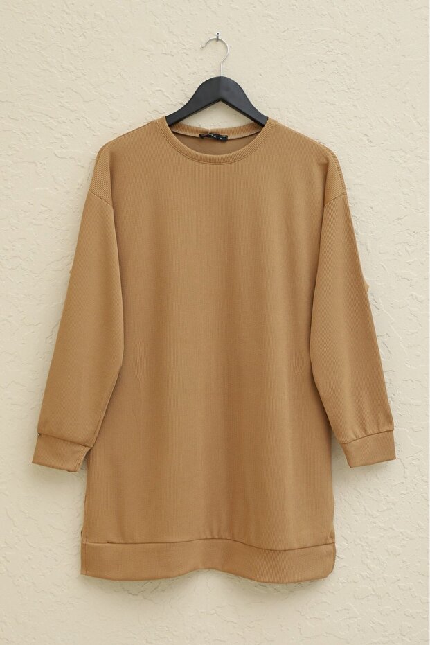 Crew Neck Slit Ribbed Set -Mink