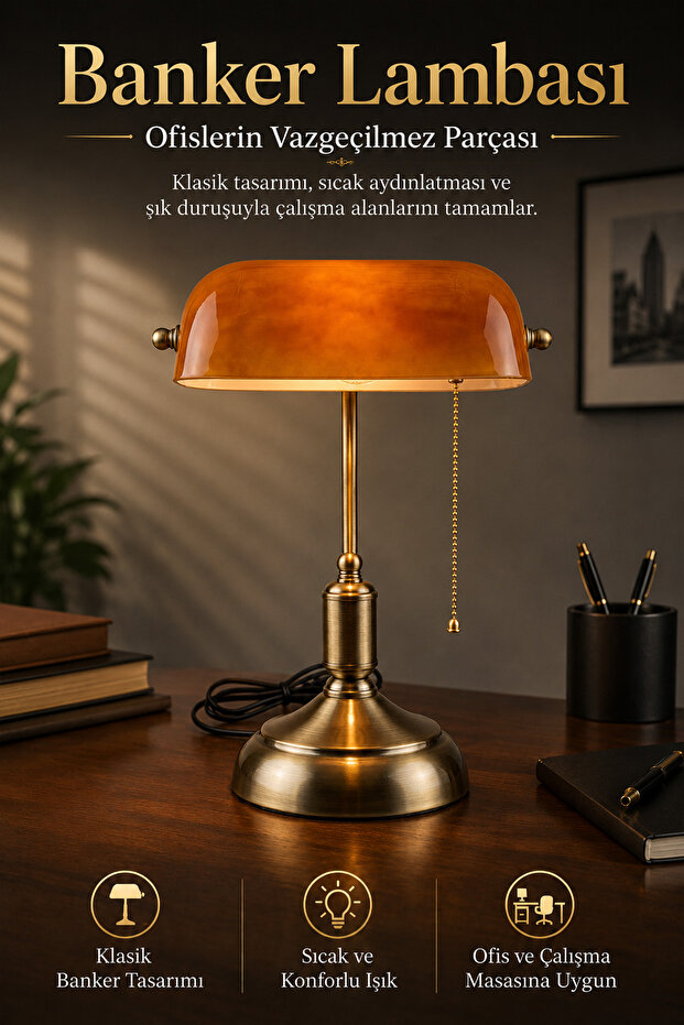 Banker Table Lamp Amber Glass Antique Body E27 Base Retro Decorative Table Lamp (Bulb with Gift)