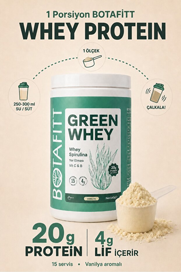 Green Whey Vanilya 20g Protein ve 4g Lif Desteği İnülin Lif, Spirulina, Isırgan Otu, Krom Pikolinat içeren toz ürün - 2