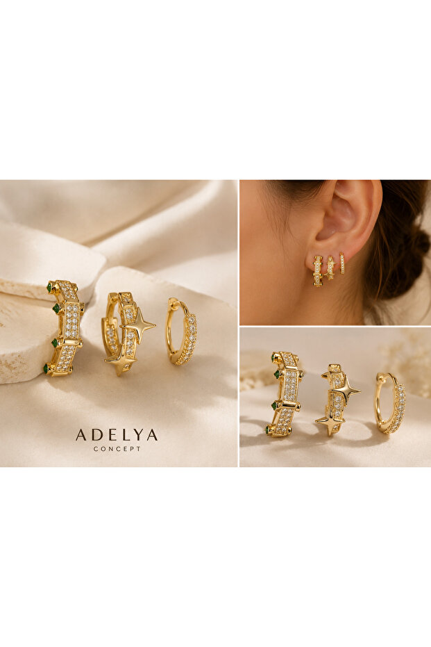 3-Piece Gold Zircon Stone Hoop Earrings