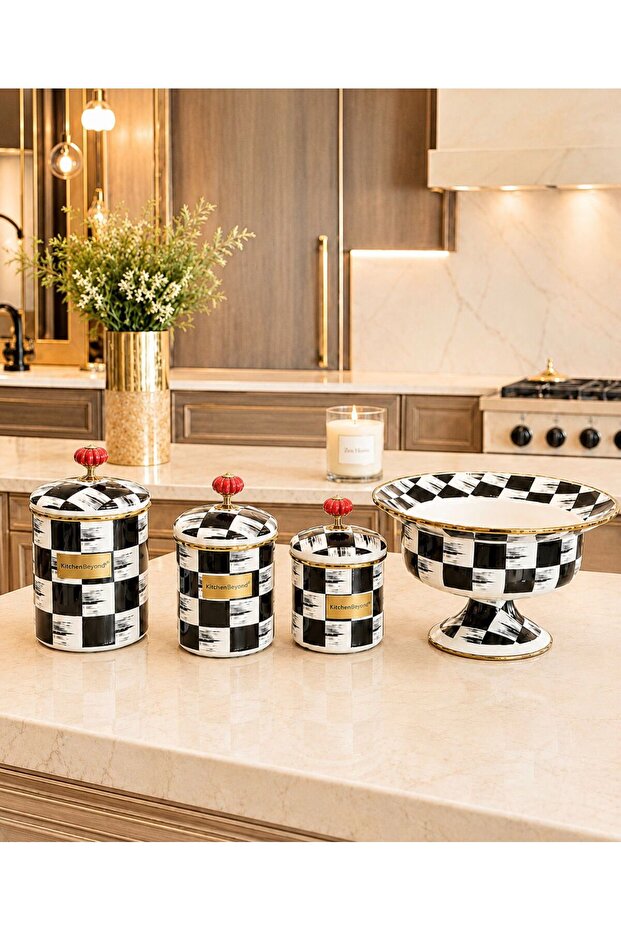 Acar Çeli̇k Quali̇ta Ki̇ng Checkered Series 3 Piece Spice Bowl and Fruit Bowl Set & Gift Set