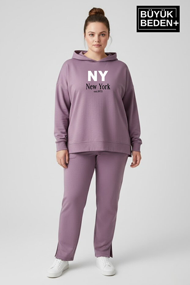 Large Size Hooded Ny New York Printed Tunic Slim Sweatshirt Spr26Btk991-1