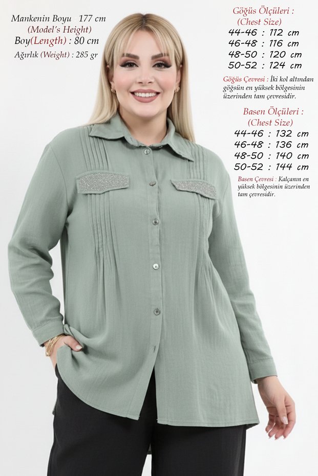 Women's Plus Size Summer Spring Sweat-Proof Breathable 100% Cotton Linen Stone Detailed Pleated Tunic Mom Shirt