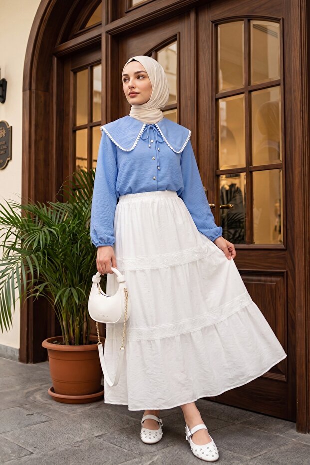 Peter Pan collar Lace Pack Elastic Sleeve Shirt - Blue