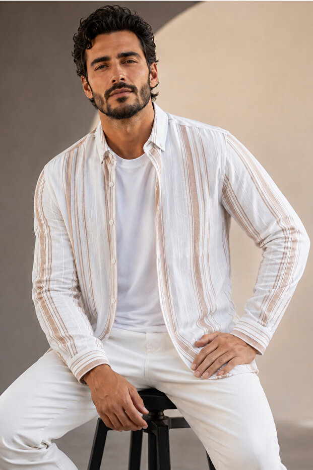 Men's White Long Sleeve Shirt Linen Effect Wide Cut Striped Without Pockets