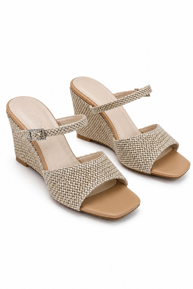 Women's Beige Straw Bohemian Style Summer Comfortable Wedge Heeled Sandals