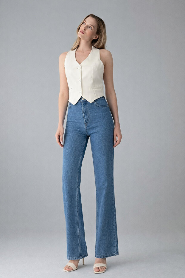 Women's Cotton in Wide-Leg Comfortable Blue Jeans