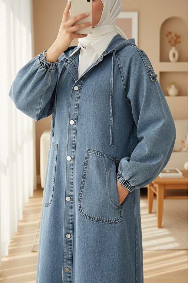 Buttoned Front Hooded Denim Cap with Epaulet Detail and Pockets - Ice Blue