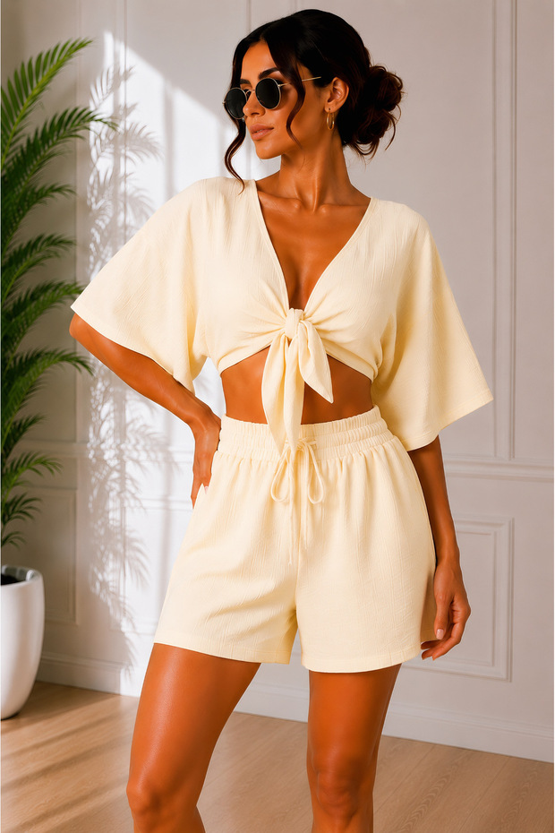 Premium Muslin Tie-Up Crop Shorts Set