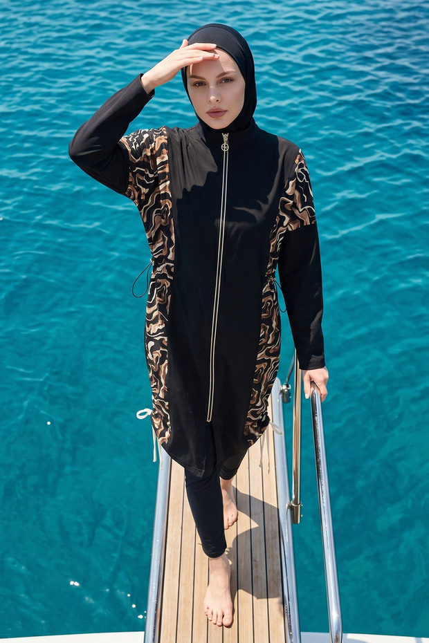 Curvy Pattern Closed 4 Piece Black Hijab Swimsuit 6218A