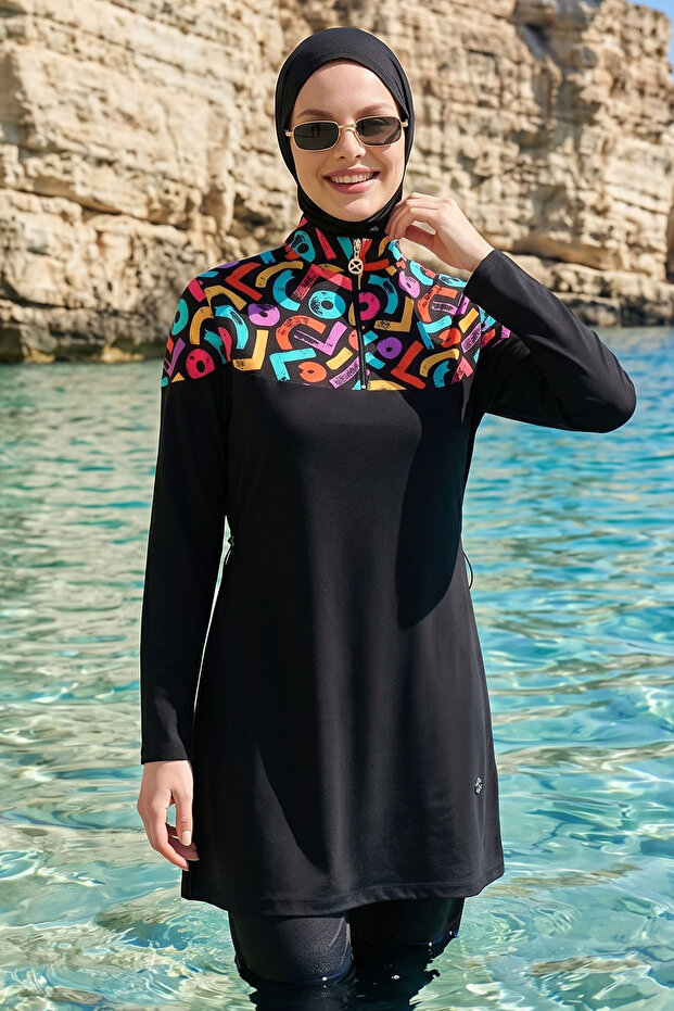 Colorful Collar 4 Piece Black Hijab Swimsuit 6224A