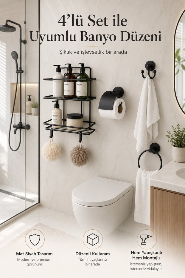 Black Stainless 2-Piece Shampoo Holder Bathroom Shelf Tş02 Wide Covered Ring Towel Holder and Cutlery Bathrobe Holder Set