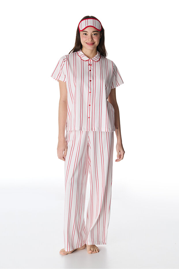 Off-White Rosy Stripes Cotton Piece Shirt and Pants Pajama Set