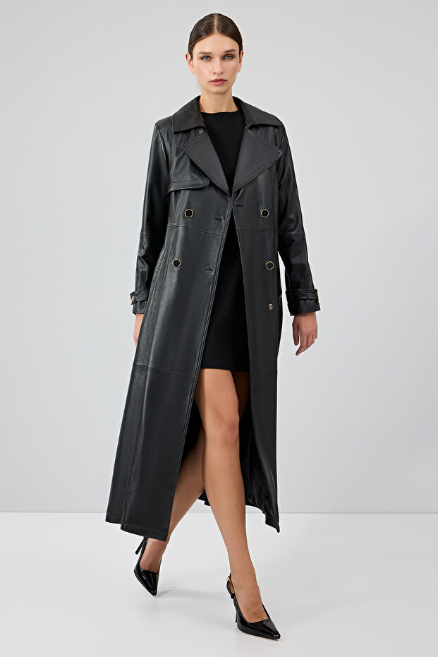 Jenny -X Women's Black Double Breasted Lapel Leather Top Coat 24Wge52631M