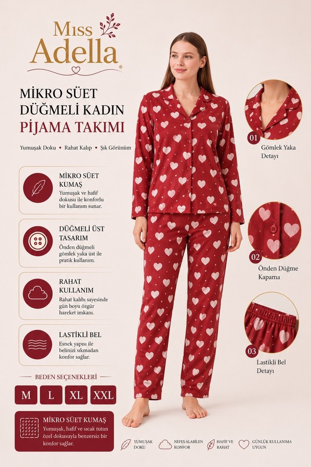 Women's Buttoned High Neck Long Sleeve Patterned Elastic Waist Nightgown Tracksuit Pajama Set